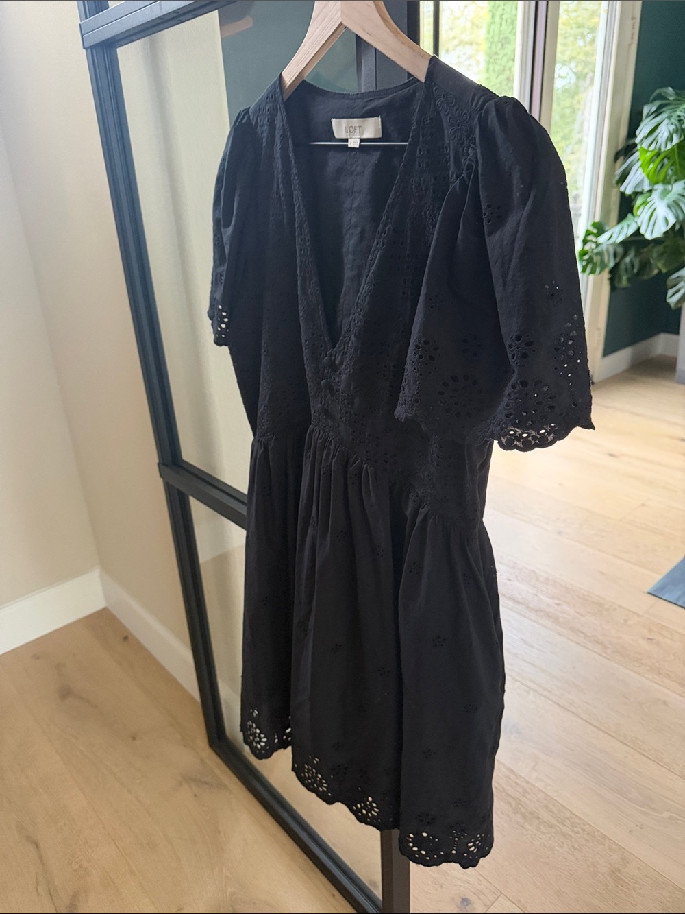 LOFT Black Eyelet V-Neck Dress with Puff Sleeves